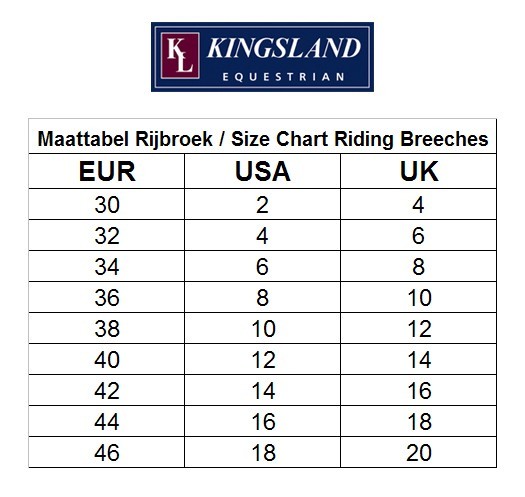 Kingsland Breeches Size Chart