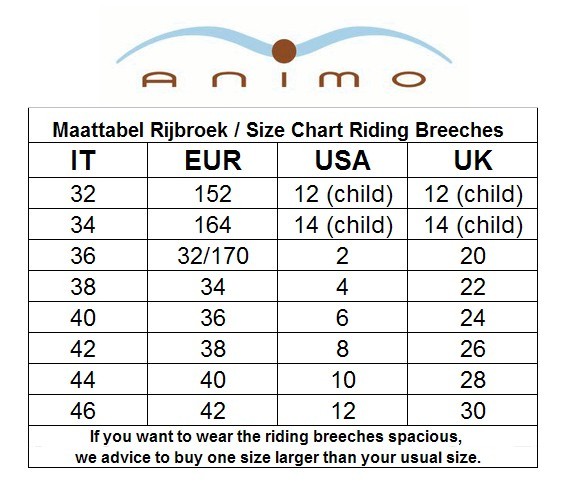 Animo Breeches Size Chart