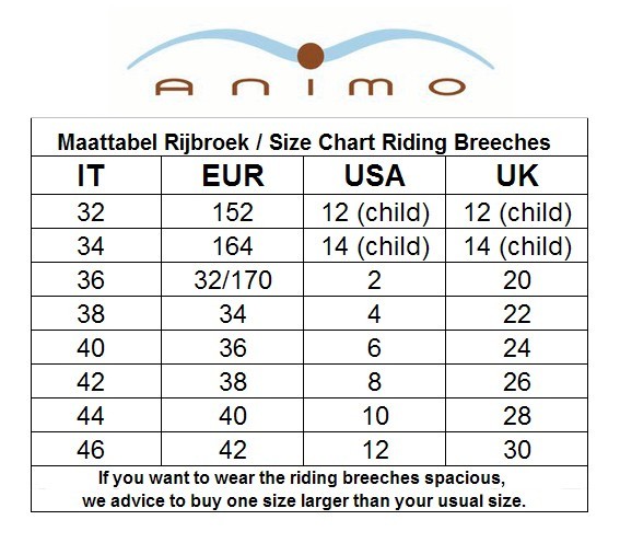 Animo Show Jacket Size Chart