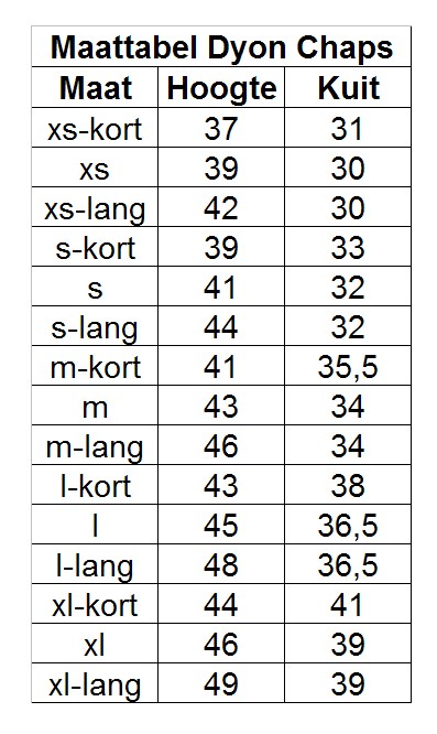 Dyon Chaps Size Chart